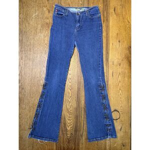 Vintage Y2K Mudd Low Rise Lace Up Flare Jeans Bell Bottoms Blue Denim